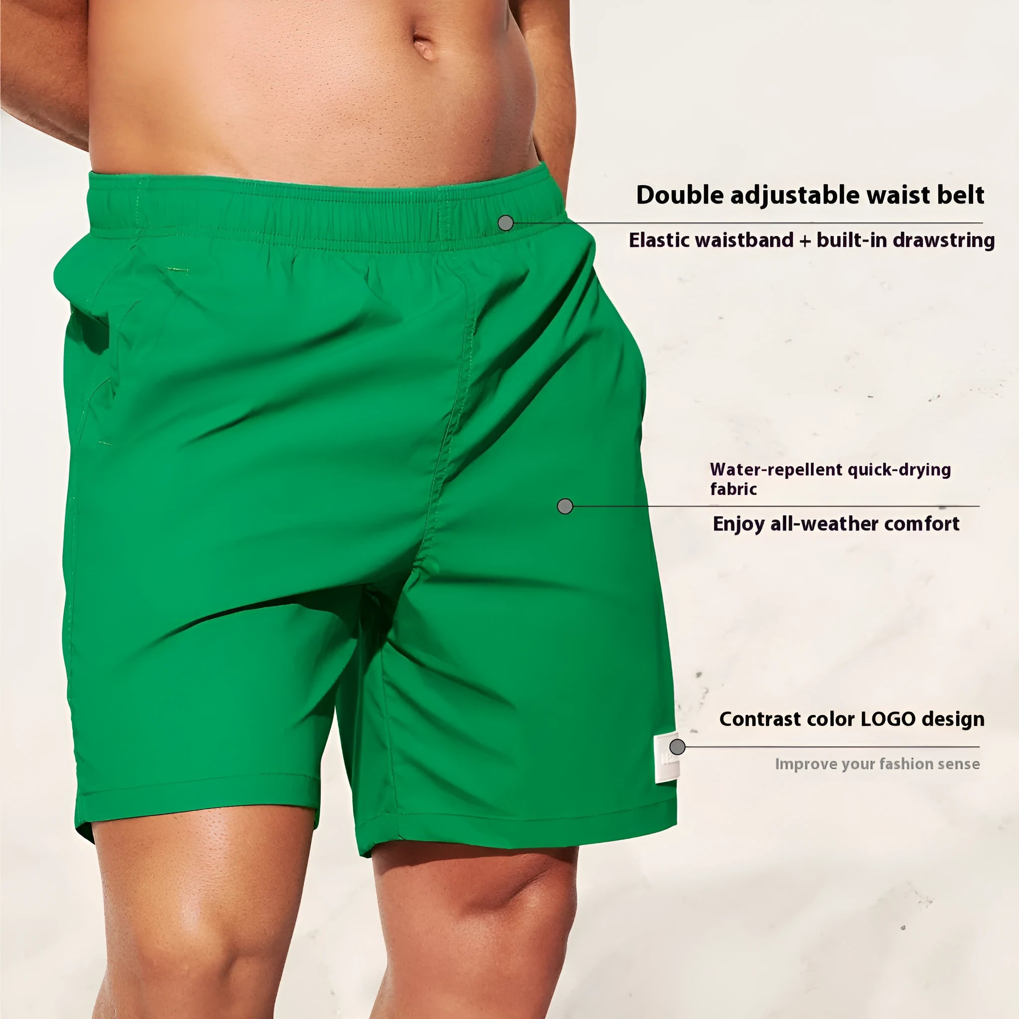 Men's solid colour quick-drying nylon sports shorts on a hanger, showing straight leg design