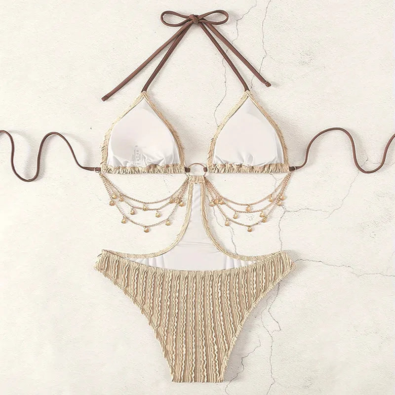 Women's lace-up cutout one-piece swimsuit in solid colour, available in khaki or red, polyester fabric