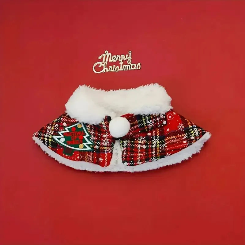 Christmas pet cloak scarf for cats and dogs with seasonal bell pattern in blue background