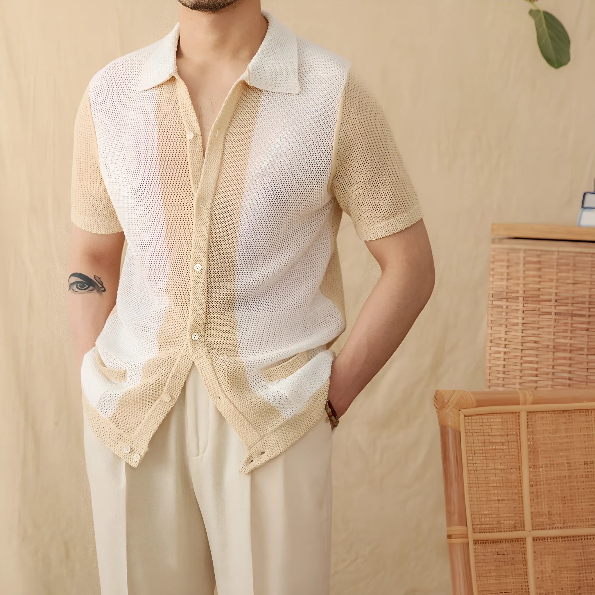 Hollow knit cotton linen blend lapel cardigan in beige colour with short sleeves