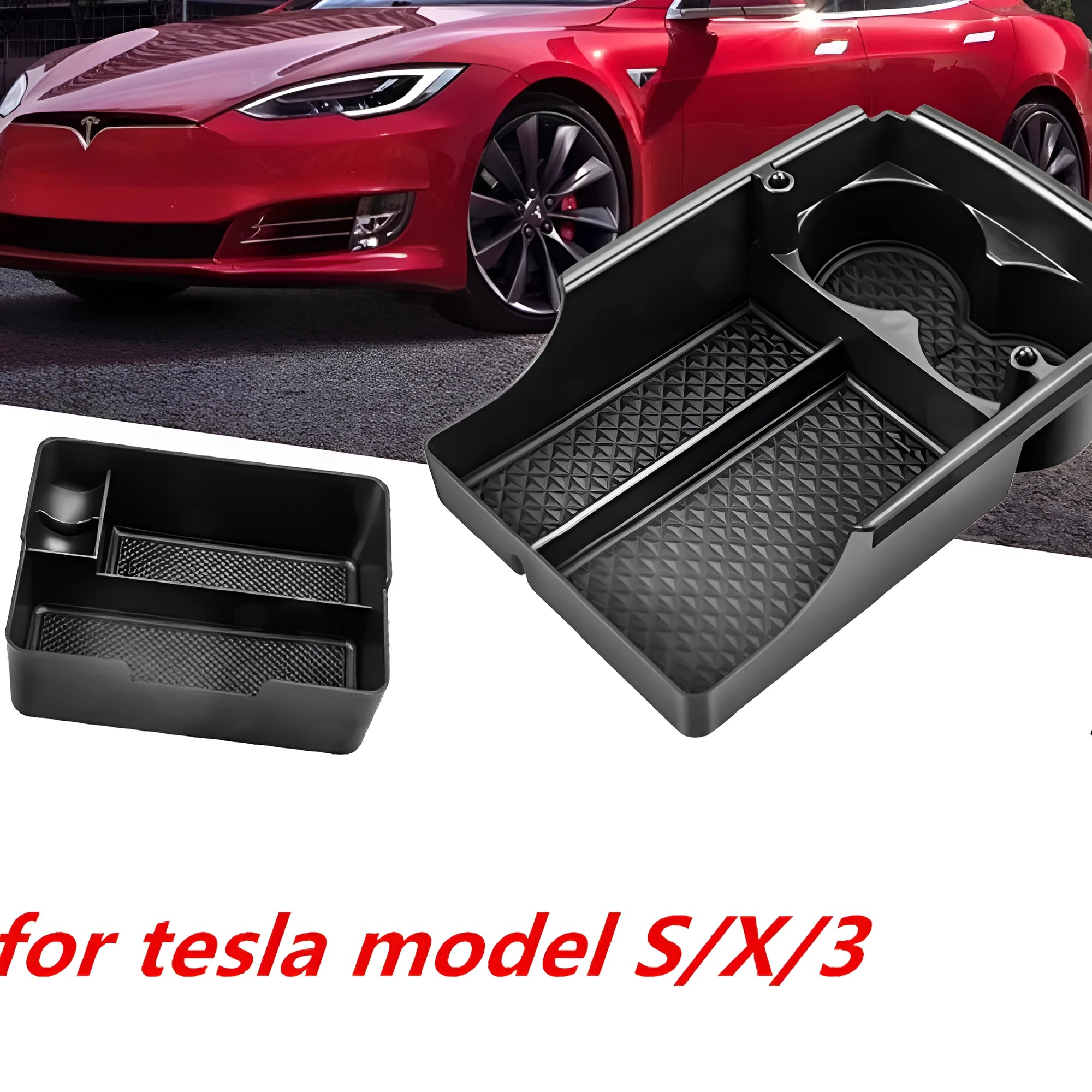 Plastic retrofit storage box for Tesla Model 3, Model X and Model S centre console armrest.