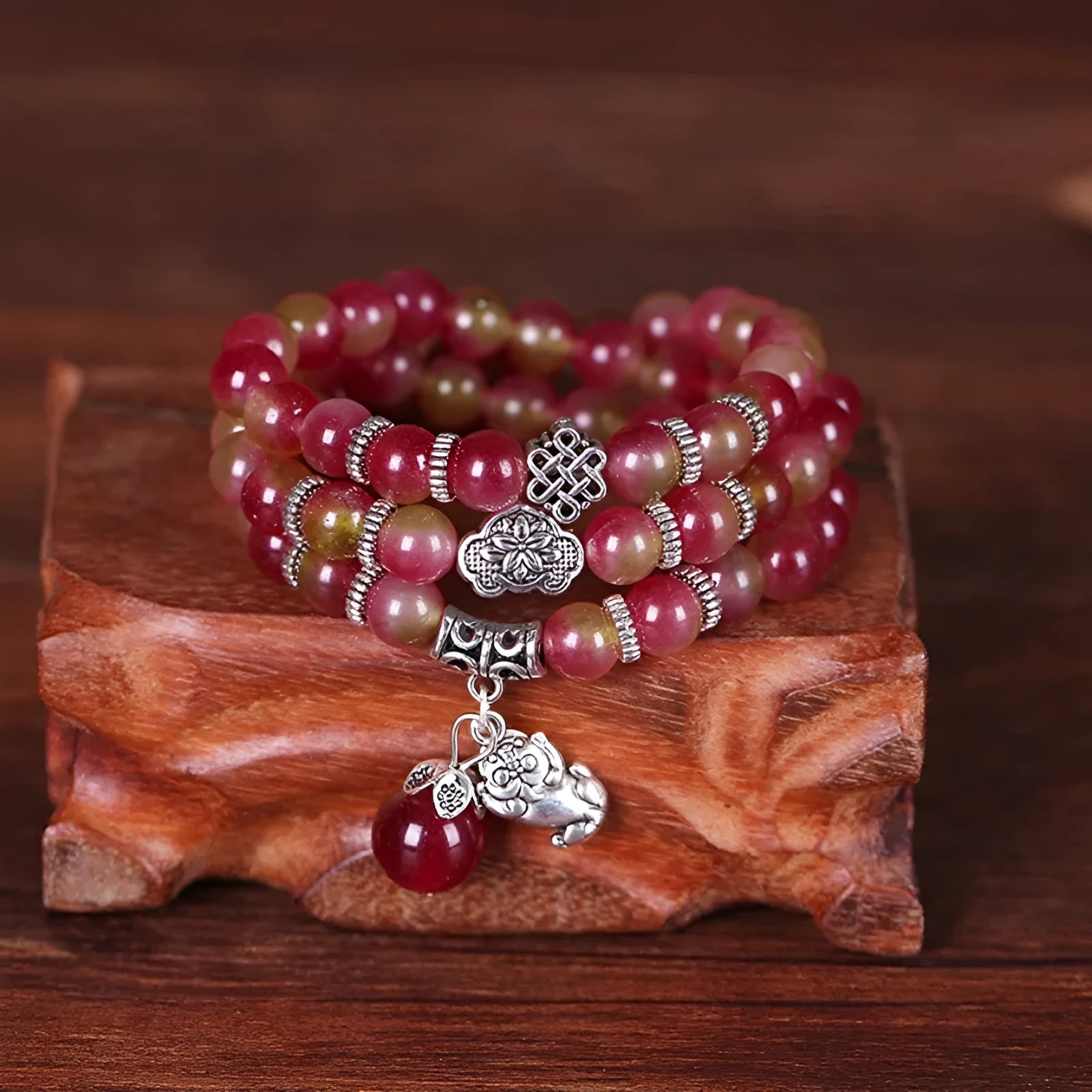 Handmade Chinese knot bracelet with natural watermelon crystal beads in traditional design