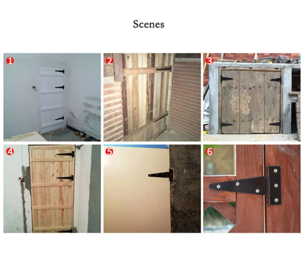 Iron T-hinge for wooden doors and outdoor gates, showing straight arm design and built-in mounting.