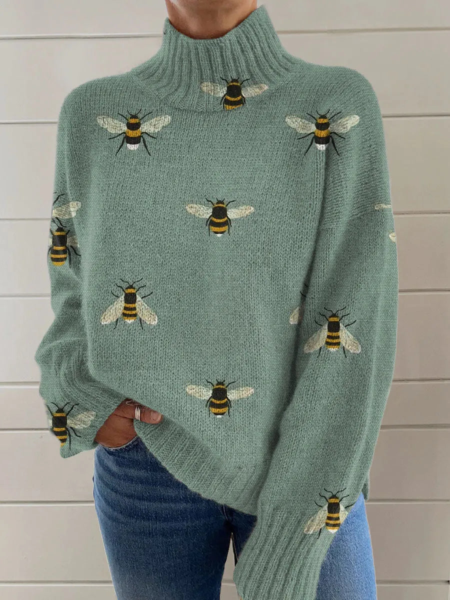 Women's Christmas printed turtleneck sweater in loose fit with festive painting pattern design