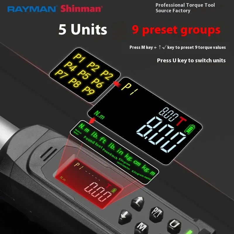 Digital display torque wrench with chrome-vanadium steel construction showing 0.15-340N range