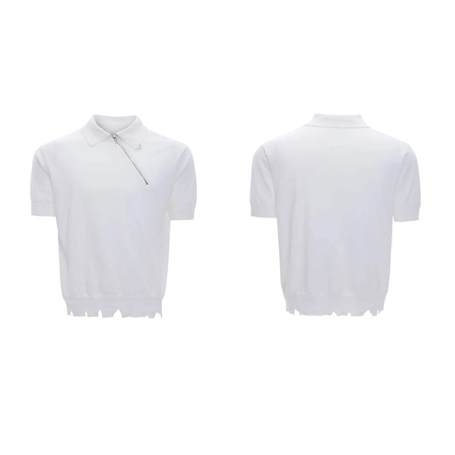 Man modelling a slim-fit black knitted polo shirt with an oblique zip and short sleeves.