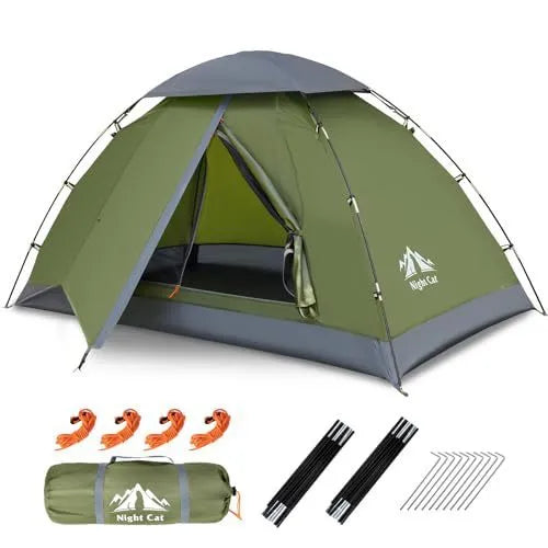 Dark green pop-up camping tent for two people showing automatic setup mechanism