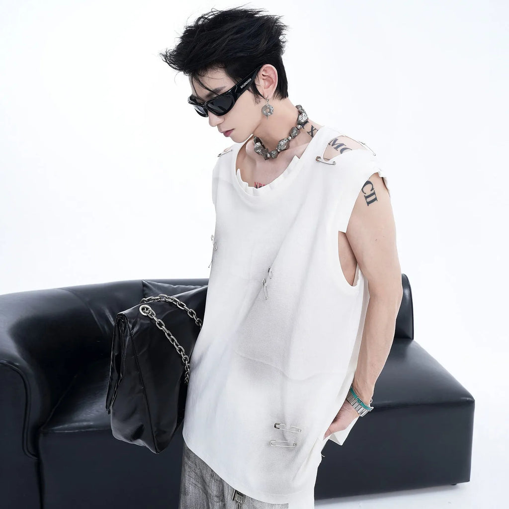 Men's black sleeveless vest waistcoat with an irregular ripped cut design and round neck collar