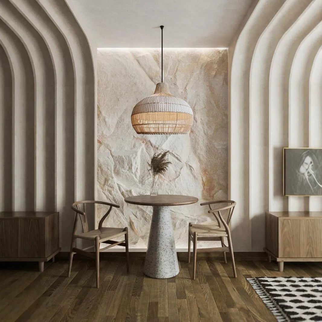 Handwoven rattan ceiling chandelier with pastoral Southeast Asian design, 60cm diameter.