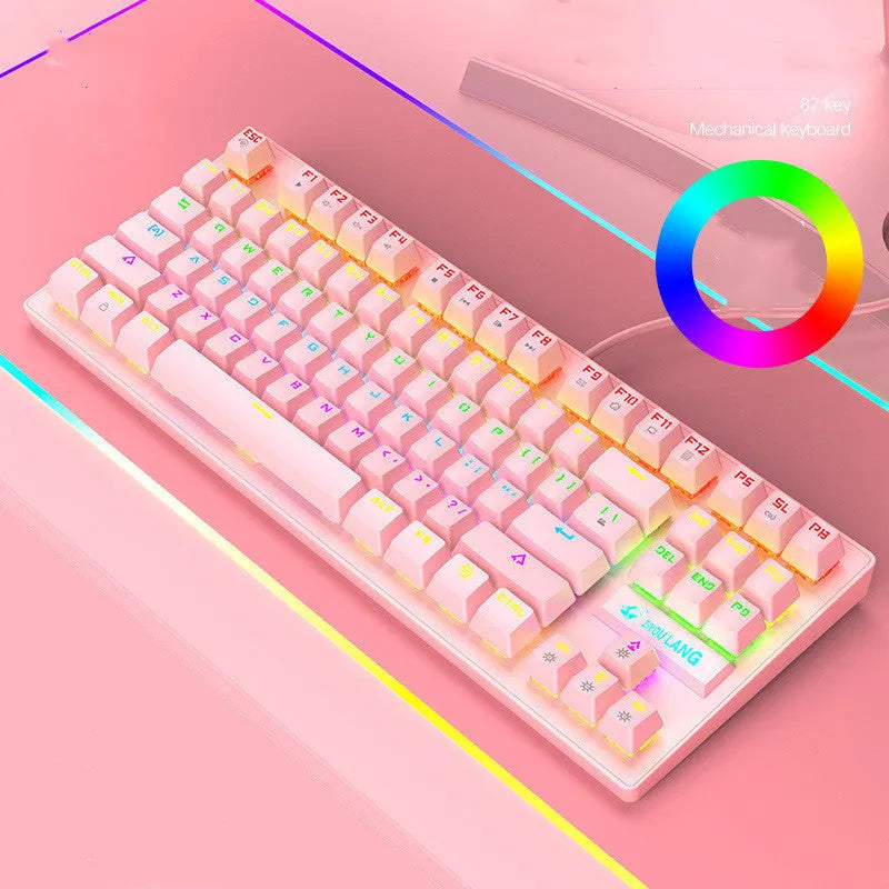 Gaming mechanical keyboard in black, white, blue, or pink colour with ABS housing and simple design.