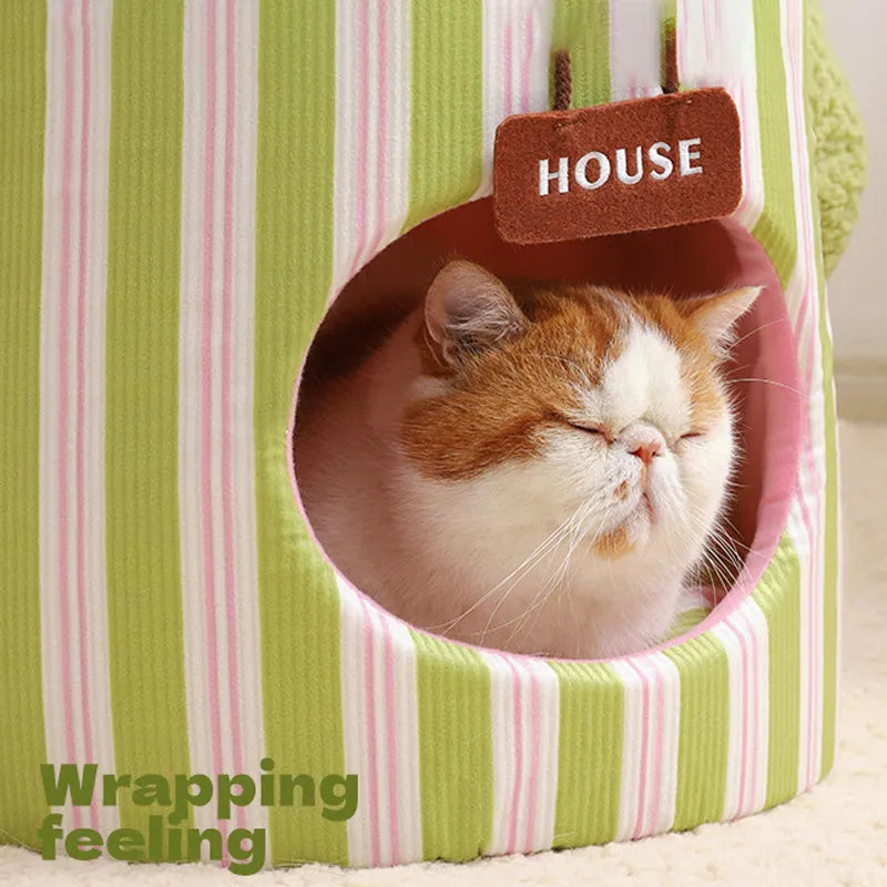 Green cauliflower-shaped enclosed pet house with a tree hole entrance and removable cushion for a small dog or cat.