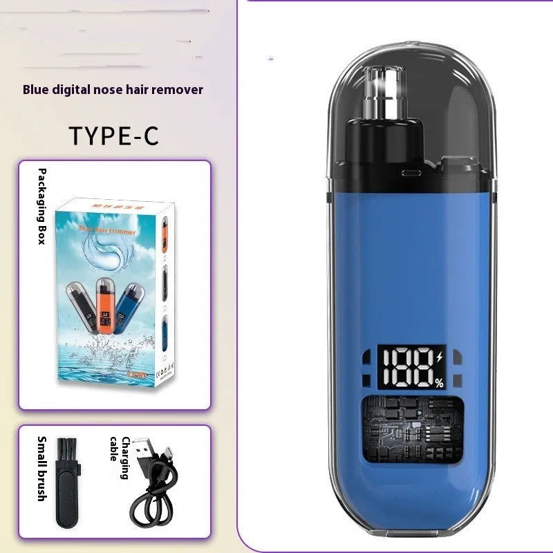 Rechargeable nose hair trimmer with removable stainless steel cutter head and digital display.