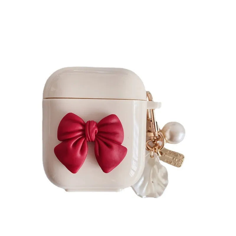 Beige red bow shell wireless earphone case for AirPods models with TPU clamshell design