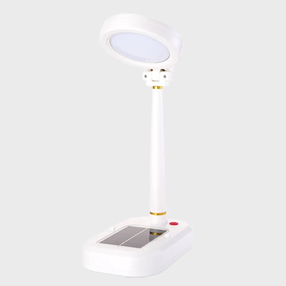 Ivory white solar-powered table fan with integrated LED desk lamp on a wooden table