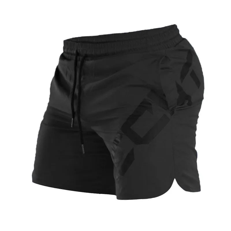 Men's black knee-length quick-dry nylon running shorts laid flat, showing mid-waist and sport design.