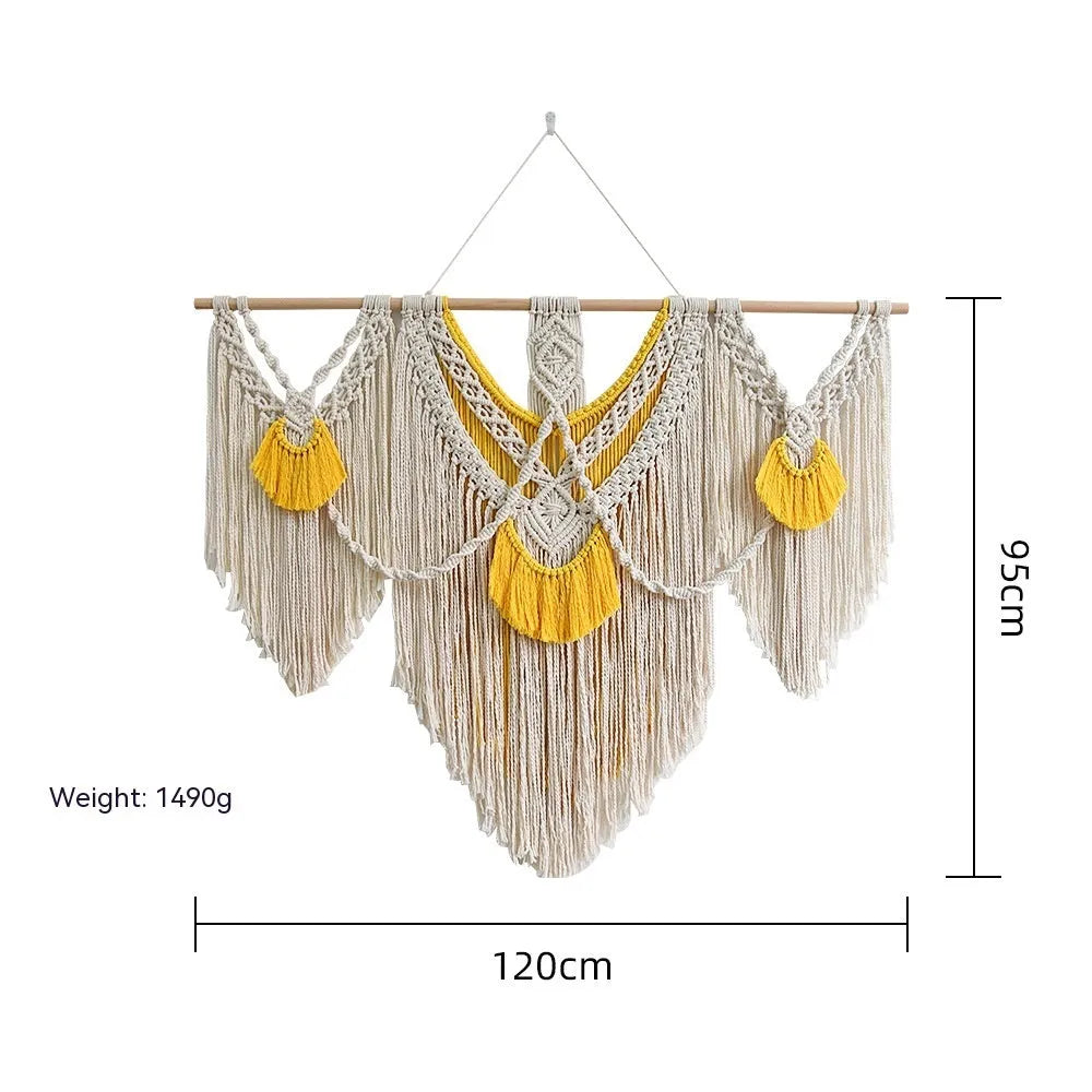 Hand-woven creamy white and yellow cotton Nordic tapestry rectangle 120cm by 95cm