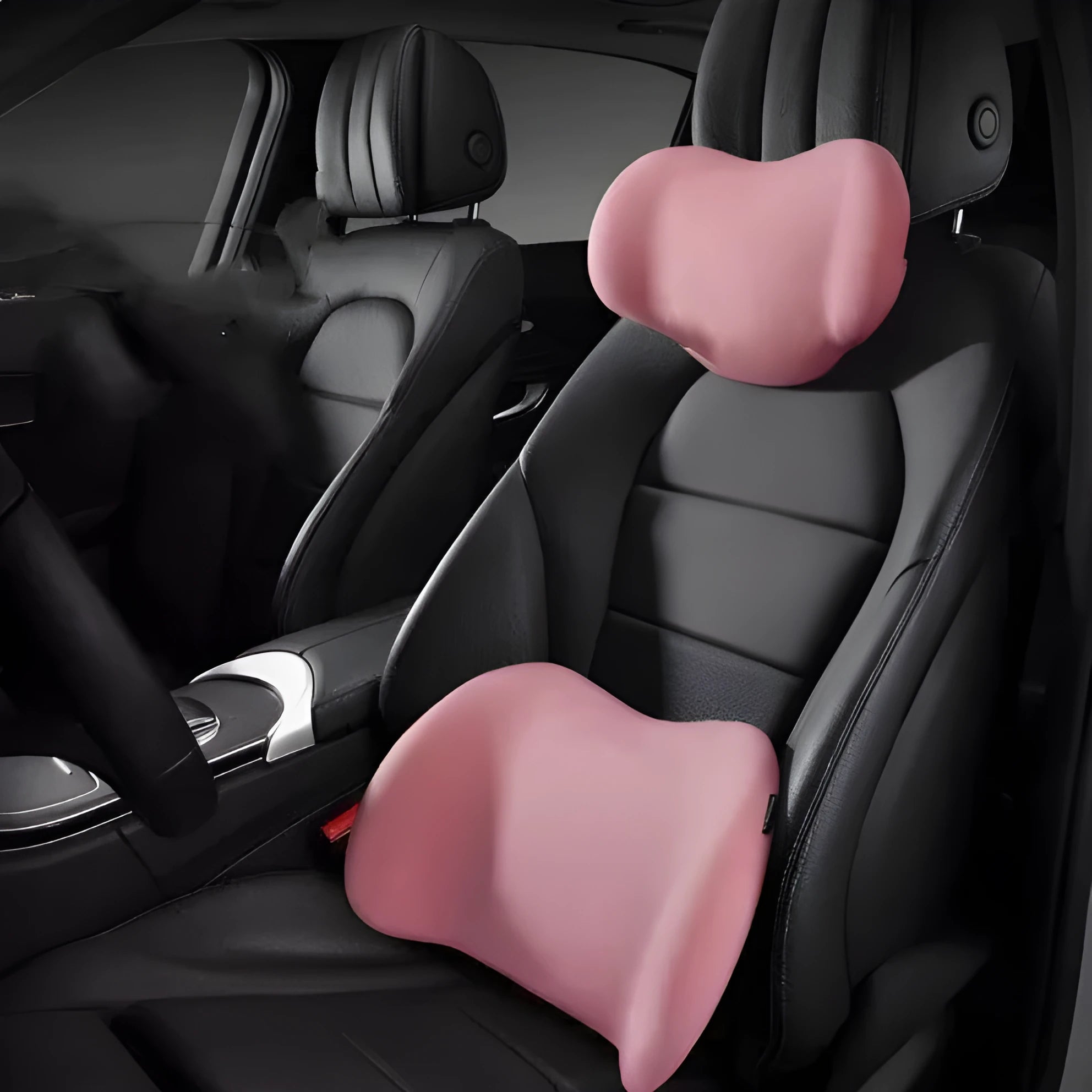 Black memory cotton car headrest and back cushion set on a car seat.