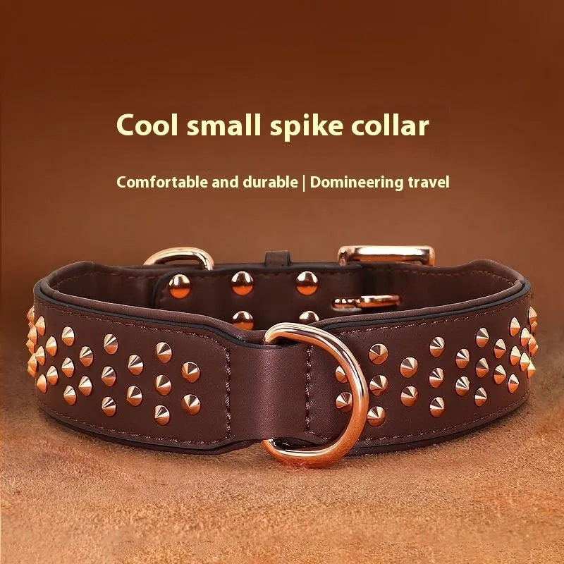 Leather dog collar with metal rivet studs in black, chocolate, or pink colour for large dogs.