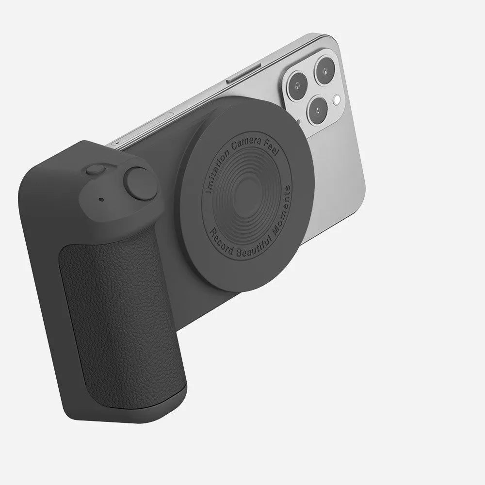 Black magnetic camera phone holder with rotatable tilt mechanism and ergonomic PU leather grip
