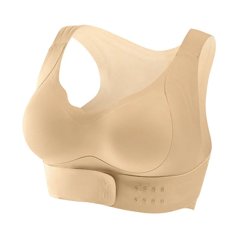 Women's black sports bra with front buckle fastening and back shaping design