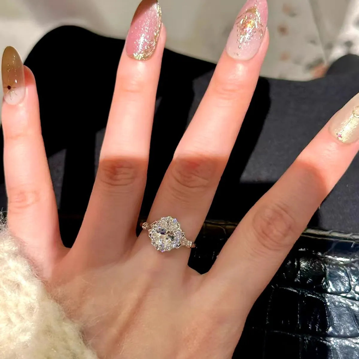 Silver geometric bridal bouquet ring with diamond treatment and adjustable opening