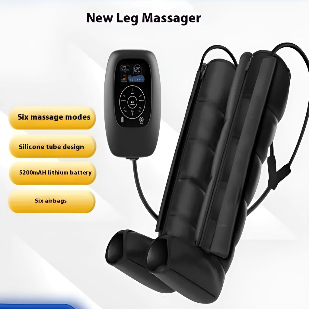 Air compression leg, arm, and waist massager set with remote control on a grey background.