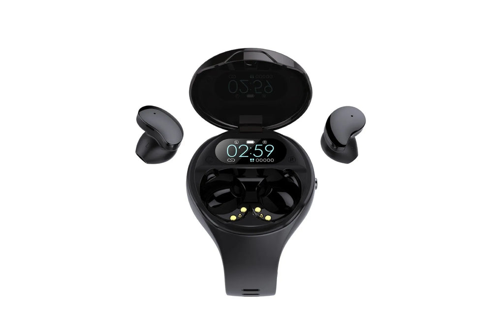 Black detachable smartwatch and Bluetooth headset combo showing fitness tracker bracelet and wireless earphones.