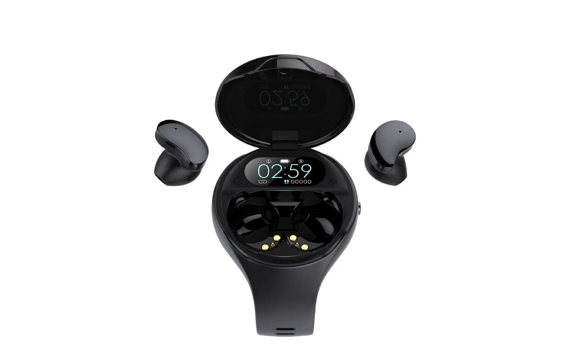 Black detachable smartwatch and Bluetooth headset combo showing fitness tracker bracelet and wireless earphones.