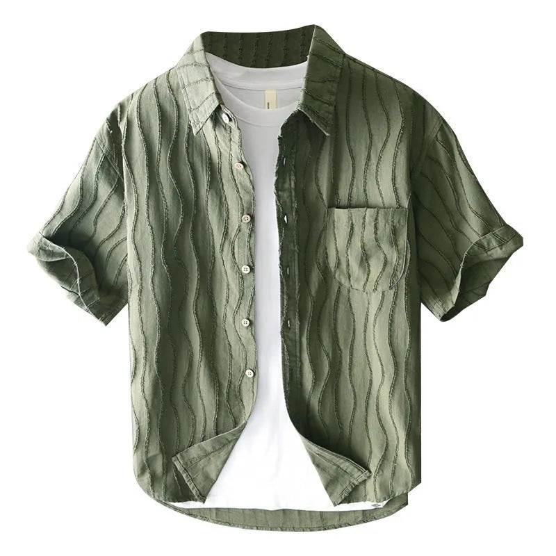 Men's pure cotton casual shirt in apricot colour with Japanese fresh style and short sleeves
