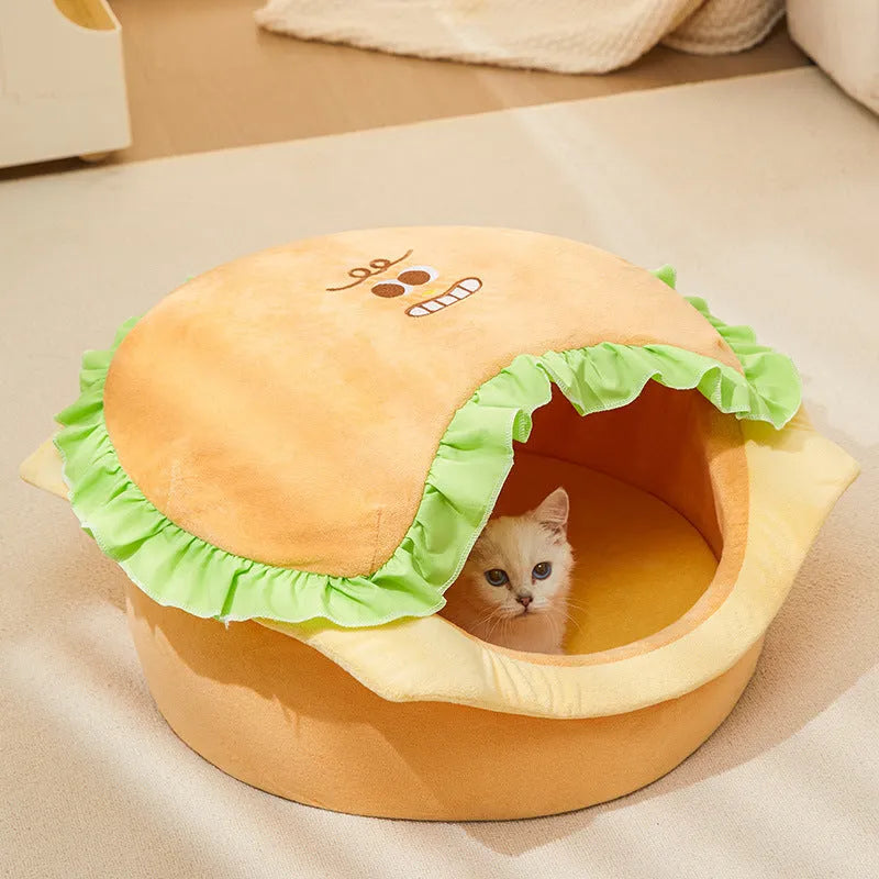 Grey indoor cat kennel with removable roof and plush cushion, shown in medium size
