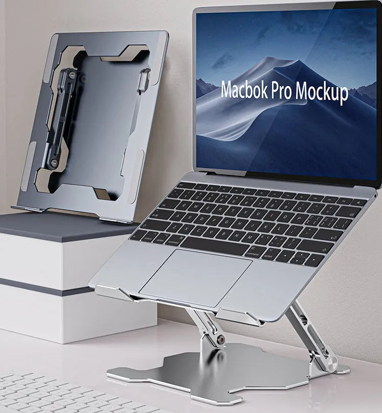 Grey aluminium alloy laptop stand showing adjustable angle mechanism and hollow heat dissipation design
