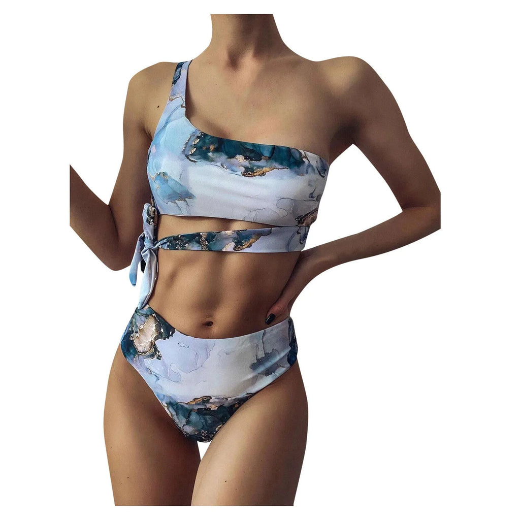 Women's marble tie-dye print high-waisted bikini set with U-neck top on a mannequin.