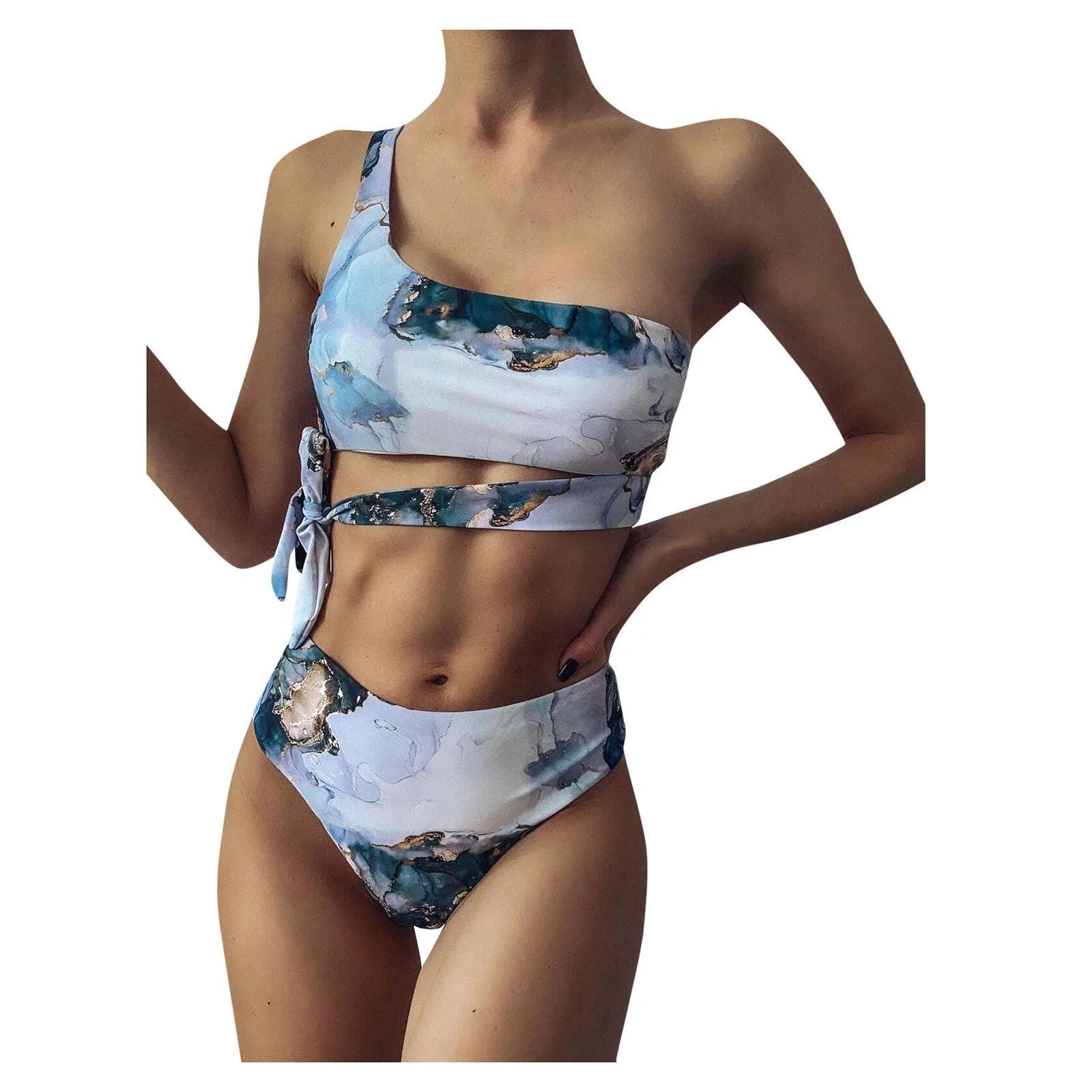 Women's marble tie-dye print high-waisted bikini set with U-neck top on a mannequin.