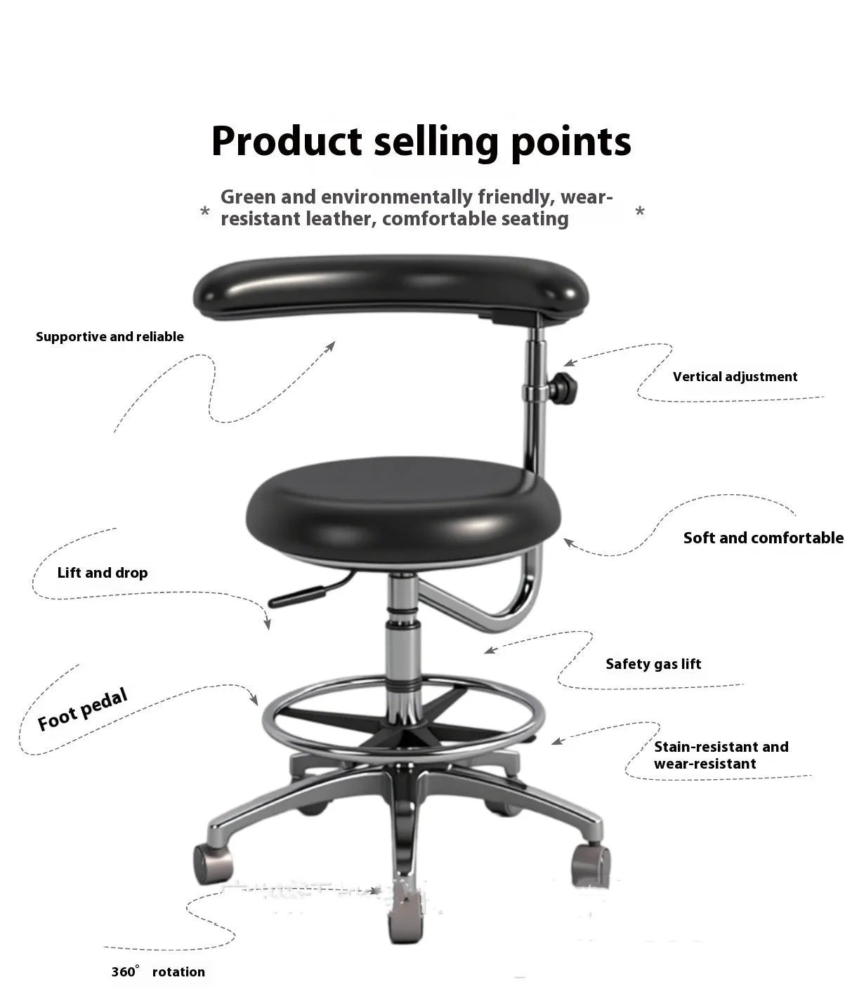 Black leather dental hospital chair for dentist or nurse use in a clinical setting.