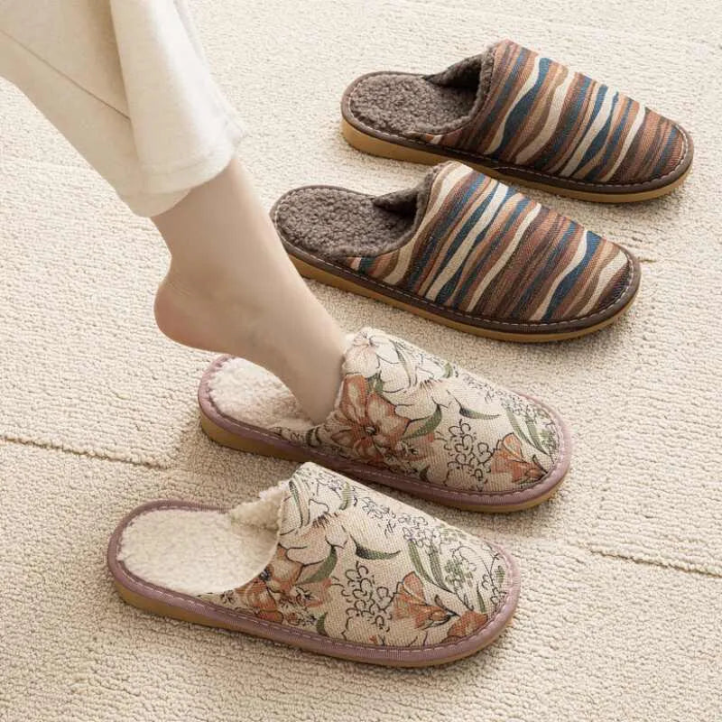 Linen surface cotton winter slippers with PVC sole in various colour patterns and sizes