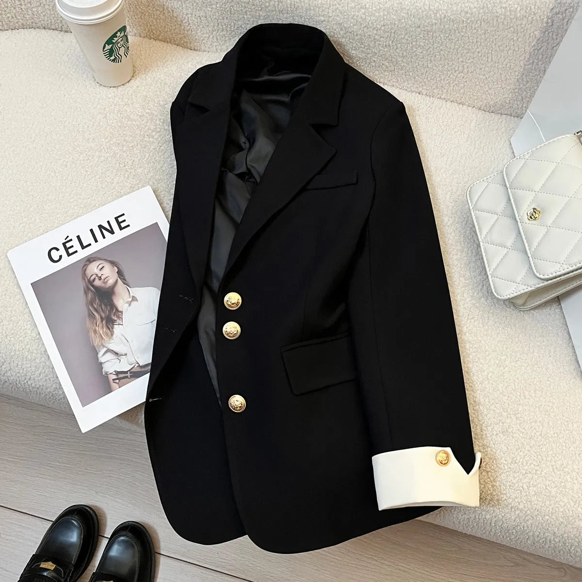 Women's loose fit Korean style trench coat in milky white with pocket detailing