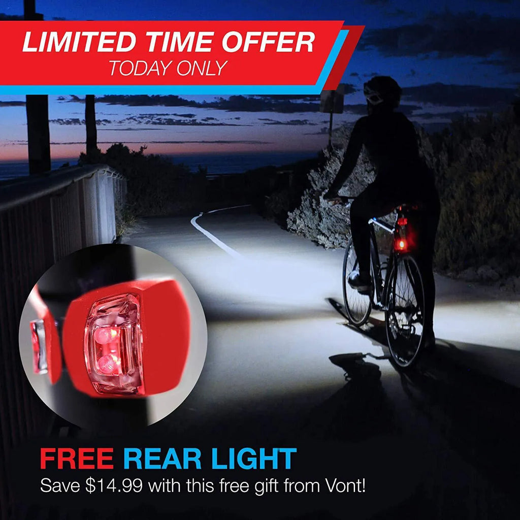 Bicycle headlight and taillight set with a black mounting bracket on a bike handlebar