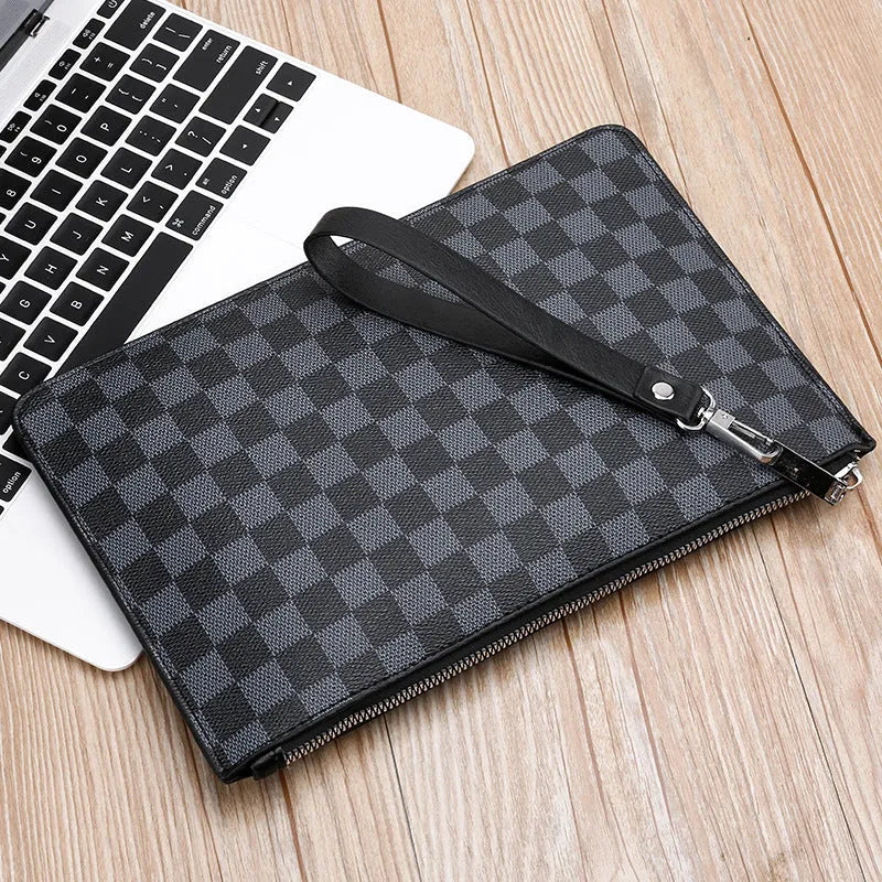 Men's black checkered PU leather clutch wallet showing card slots and zipper pocket