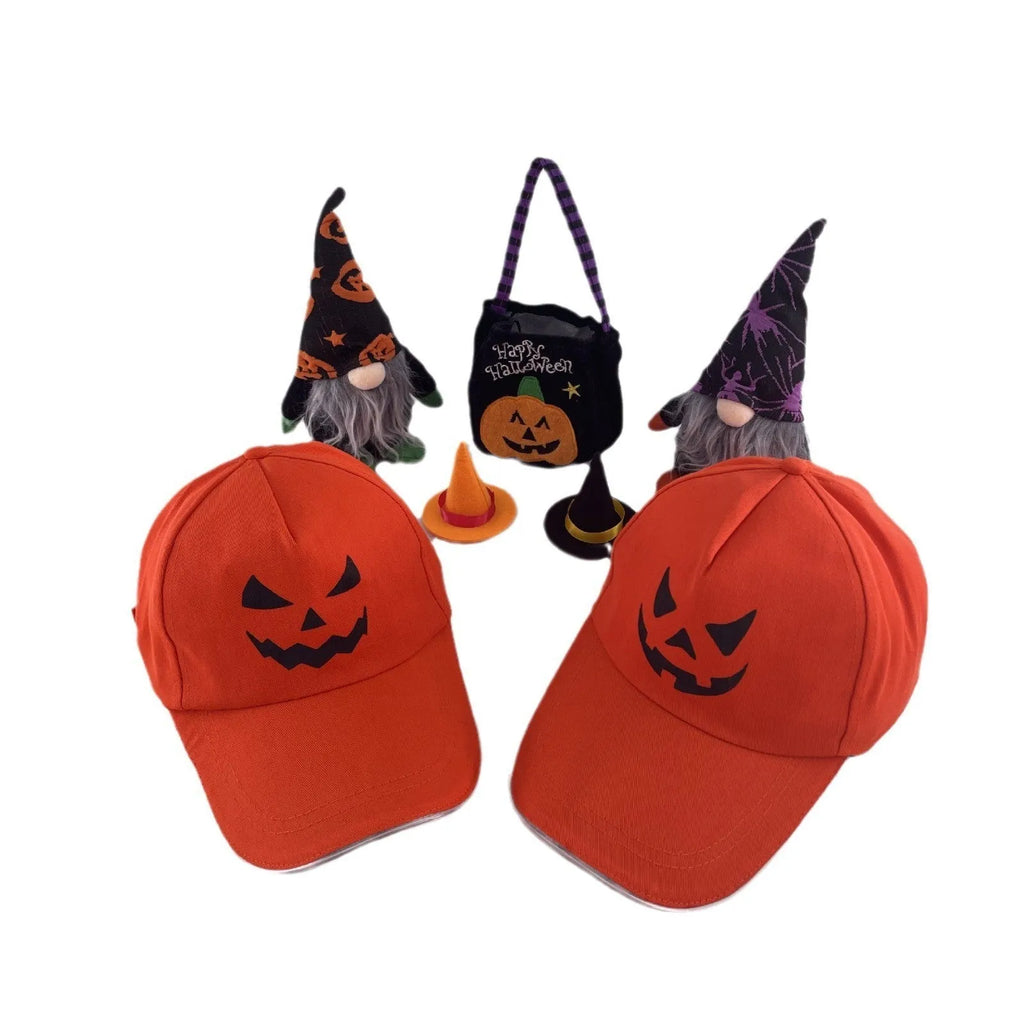 New Halloween LED baseball cap cloth material free size pumpkin smile yellow light glowing cap