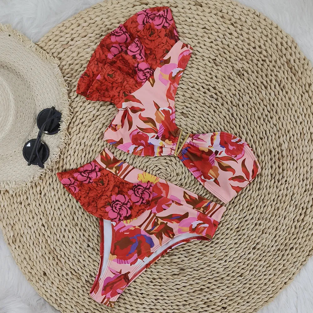 Women's pink floral one-shoulder ruffle bikini with high-waist briefs for swimming