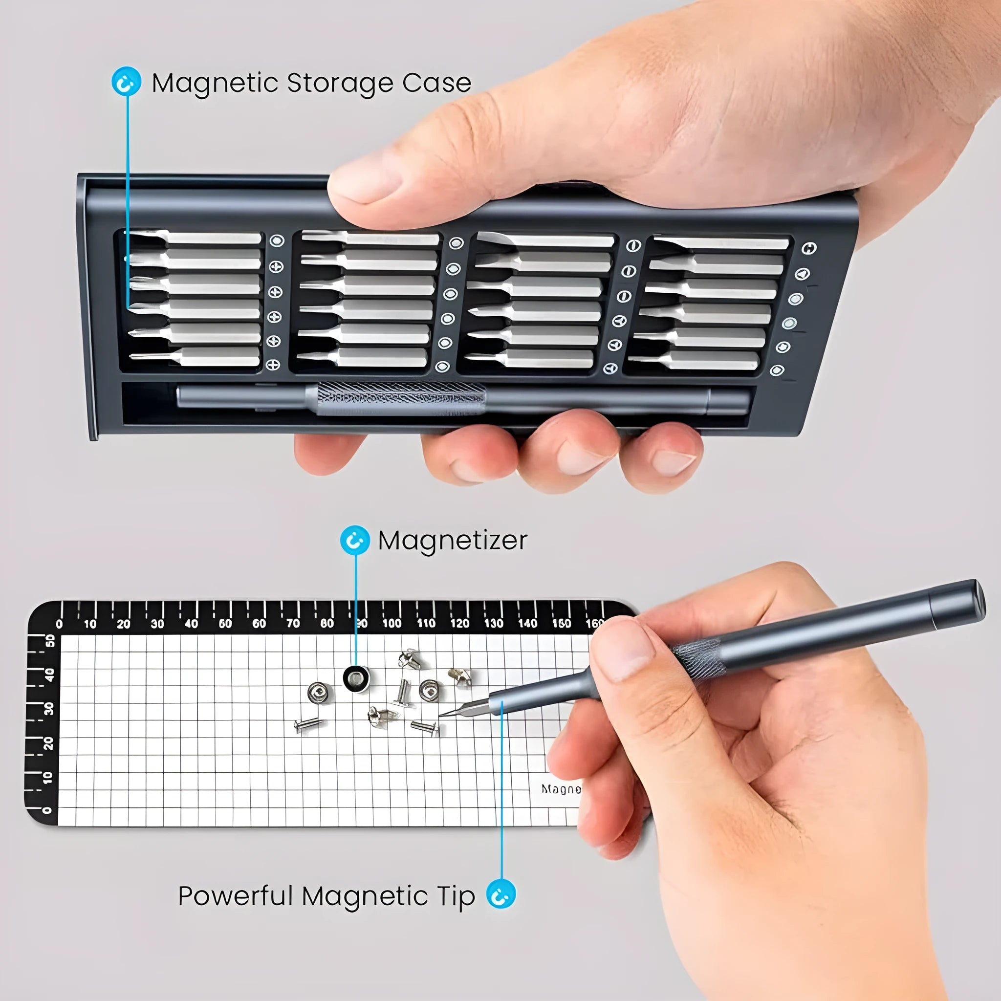 25-in-one magnetic precision screwdriver set with knurled ABS handle and chrome vanadium steel bits.