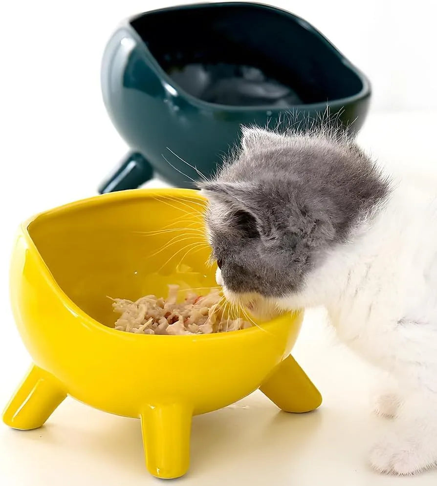 Green ceramic pet food bowl with four stabilising legs and wide opening