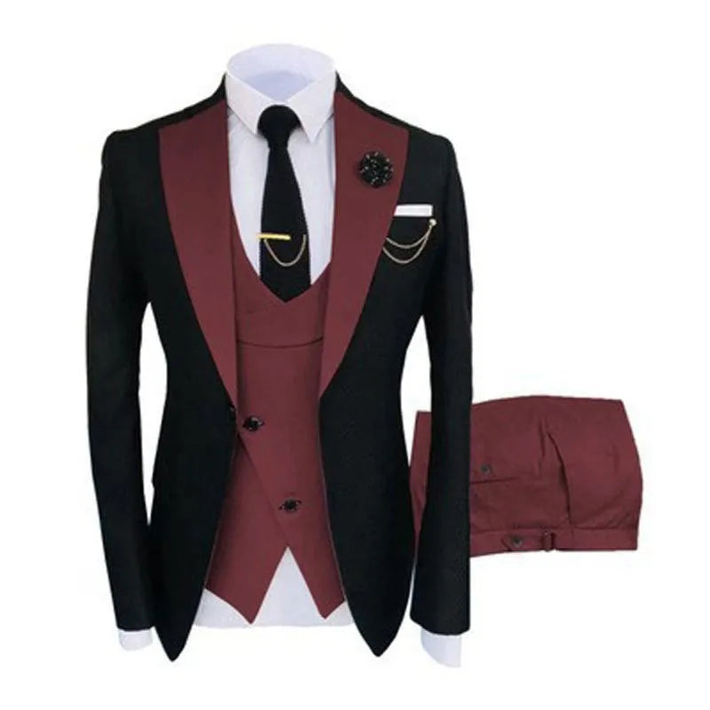 Men's slim fit three-piece business suit with coat, vest, and trousers in cotton fabric