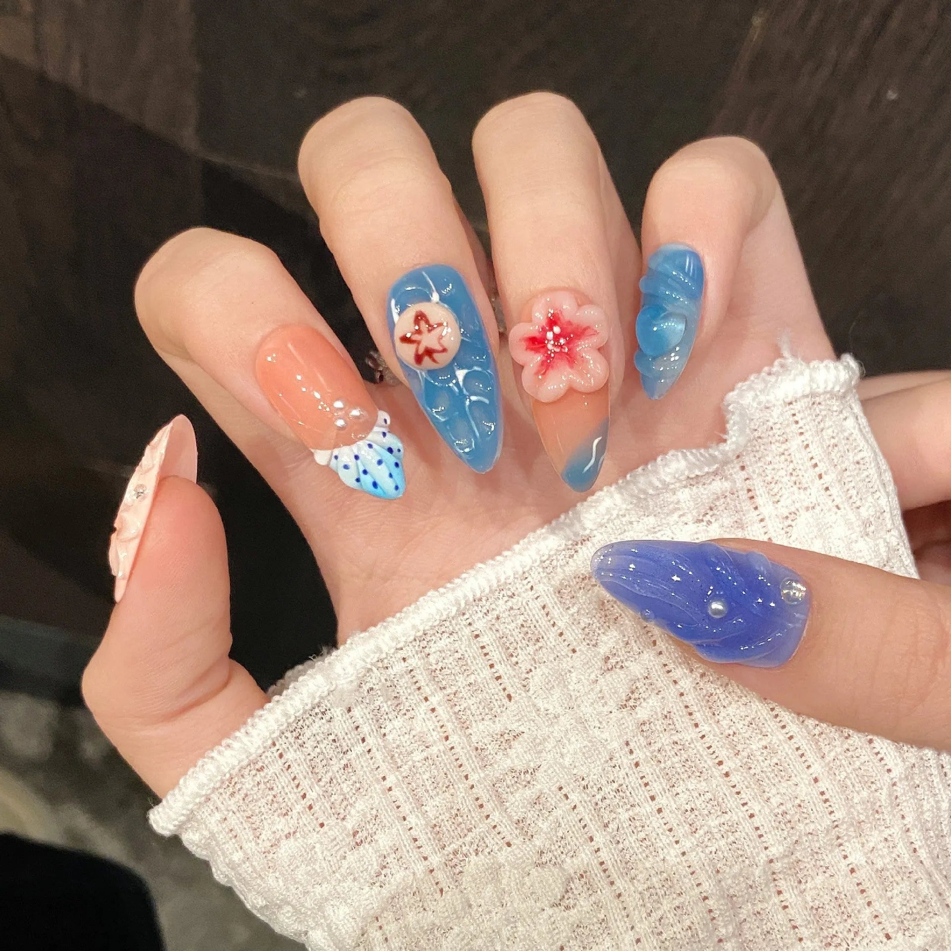Three-dimensional carved jellyfish plastic wearable armour in almond nail colour for marine costumes