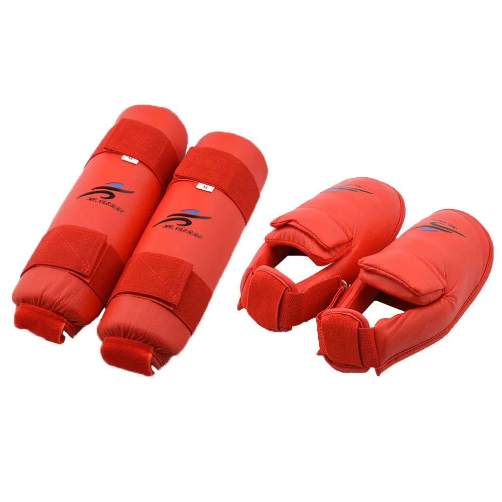 Red and blue karate protective gear set with helmet, boxing gloves, and leg guards for martial arts training