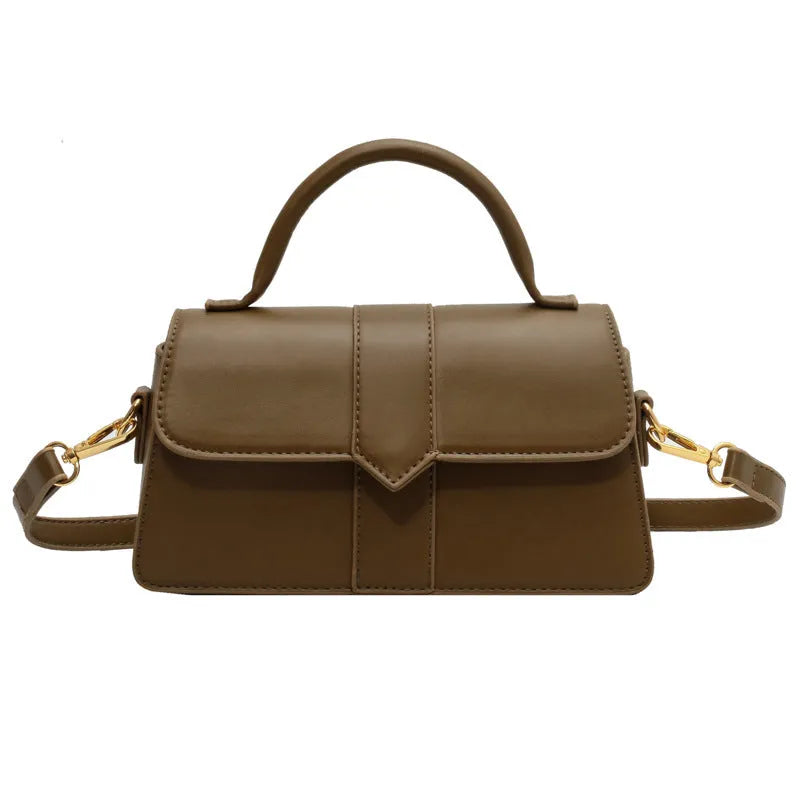 Beige PU leather women's messenger bag showing file compartment and sandwich pocket.