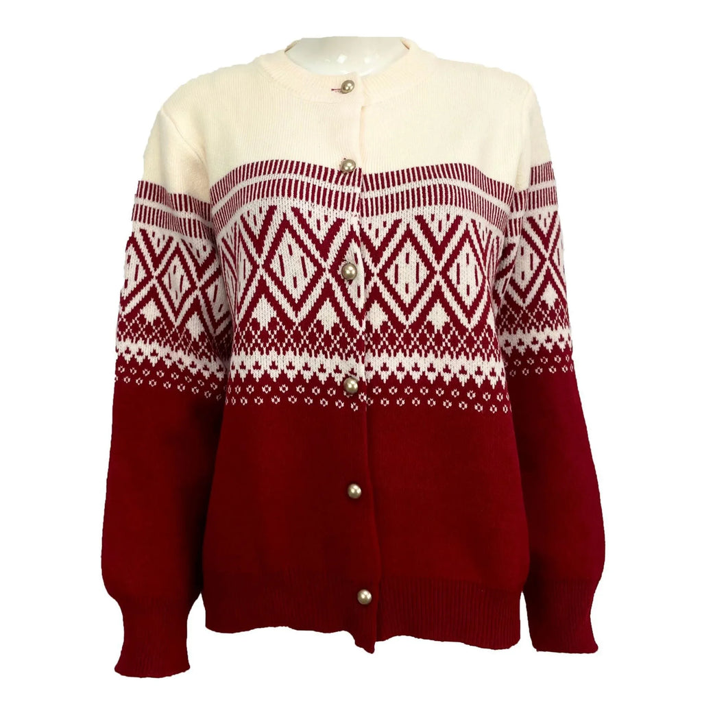 Women's red alpaca wool cardigan with grey and white diamond pattern and long sleeves