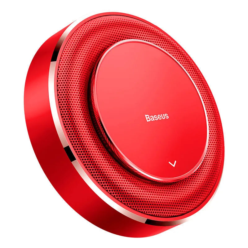 Aluminium alloy car fragrance diffuser in black, red, or silver with round design and four aromatic tablets