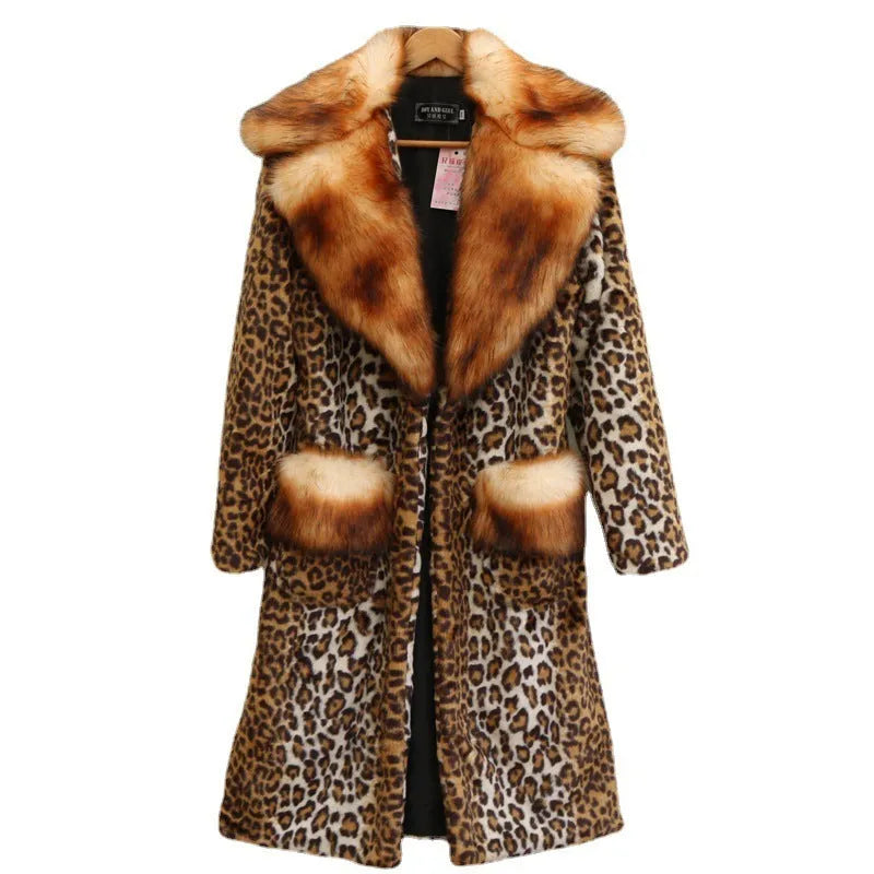 Women's long leopard print artificial fur jacket with regular sleeves, shown in street fashion style.
