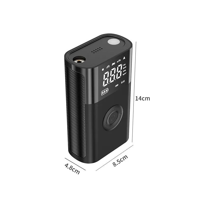 Wireless digital handheld air pump with LCD display and multiple attachments for car and bicycle tyres